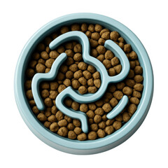 Light blue pet food maze bowl filled with dry kibble isolated on transparent background
