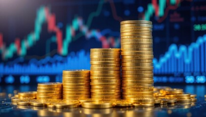 Stacks of gold coins in front of a financial market graph, representing growth.