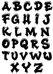 Black Graffiti letters with highlights and color drips, vector hand drawn graffiti alphabet A to Z, hip-hop style letter set