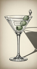 Classic martini cocktail in a clear glass with three green olives, on a beige background with a shadow. Vintage drink for bar menu design.