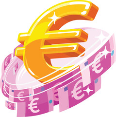 Euro symbol with banknotes flying around it. Symbolic image of financial flow, money circulation. Illustration on the topic of finance. Icon for a business website or poster