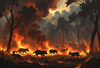 Forest on fire with animals fleeing, thick smoke in the air. Intense and chaotic.