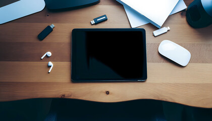 A top view of a modern workspace, made on a wooden table. In the center of the composition is a black tablet with the screen turned off, surrounded by various digital gadgets and accessories. On the l