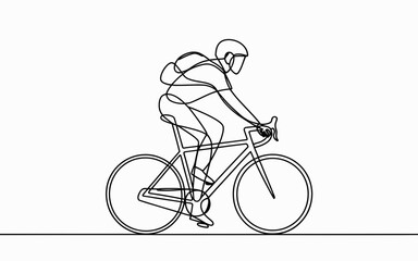 Fototapeta na wymiar A rider wearing a helmet and backpack is depicted cycling in a minimalist, continuous line style