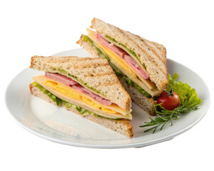 Two triangular ham and cheese sandwiches with lettuce and tomato isolated on transparent background