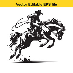 Obraz premium Black and White Silhouette of a Cowboy Riding a Leaping Horse with Lasso in Hand Artistic Rendering