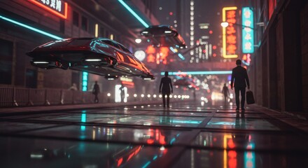 Futuristic City Street Scene with Hover Cars and Neon Lights at Night