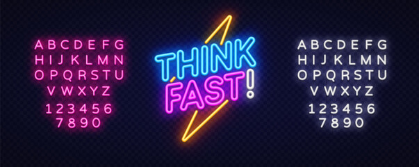 Lightning bolt splits THINK FAST. in high-contrast neon shades of blue, pink, and yellow.