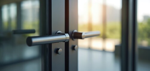 Modern aluminium door handle installation urban office building. Contemporary, innovative design for enhanced security and access. Sleek architecture detail. Stylish entry solution.