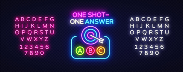 Trivia vector icon with target and letters. Neon illustration shows phrase ONE SHOT ONE ANSWER and answer buttons ABC on transparent grid