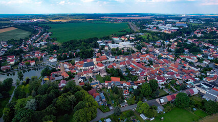Aerial view around the old town in the city Triptis, 07819on an sunny spring afternoon	