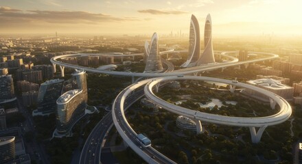 Futuristic Cityscape with Elevated Highway and Modern Skyscrapers at Sunset