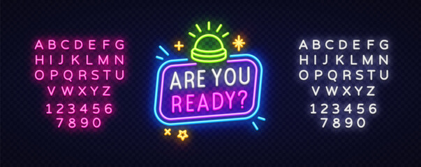 Vibrant glowing buzzer and stars decorate the sign ARE YOU READY. in stacked colorful neon lettering. Ideal for countdown intros or interactive scenes