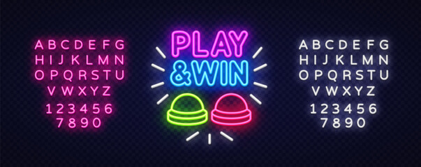 Two colorful buzzers underlined by the phrase PLAY WIN. Surrounded by radiating neon lines.