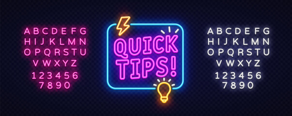Quick tips vector banner with icons. Neon square frame, lightbulb, and glowing fonts on dark checkered background.
