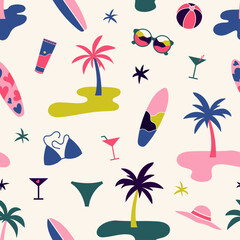 Palm Springs Summer Seamless Pattern – Tropical Icons, Bikinis, Cocktails & Surfboards Retro Seamless Pattern Deisgn (AI)