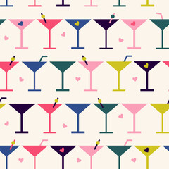 Tropical Martini Seamless Pattern – Retro Cocktail Glasses with Hearts, Olives & Love Vibes (AI)
