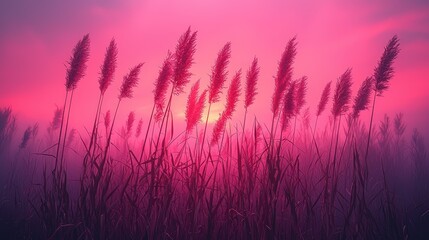 Fototapeta premium Pink sunrise over a field of tall grass.