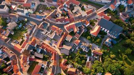 Aerial view around the old town in the city Weida, 07570 on an sunny spring afternoon