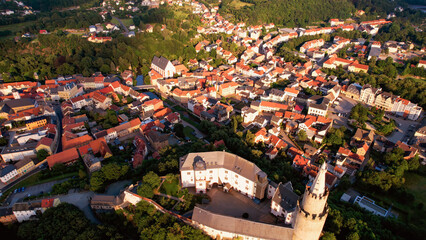 Aerial view around the old town in the city Weida, 07570 on an sunny spring afternoon