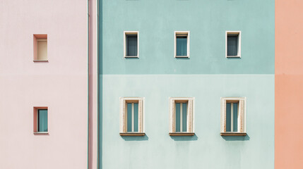 Fototapeta premium Pastel facade with simple details, a clean urban backdrop. Minimalist charm in soft daylight.