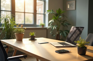 Fototapeta premium Modern office workspace, desk with laptop, smartphone, plants. Business IT company background. Empty workplace, copy space. Technology, remote work, startup concept, online meeting.