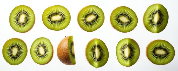 Slices of kiwi fruit isolated on white background. Healthy eating concept, dietary nutrition. Tropical fruit slices set, various angles. Delicious organic exotic food. Vitamin C source.