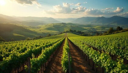 Naklejka premium Aerial view of vineyards on rolling hills. Green fields, blue sky, white clouds. Agricultural landscape, fruit farm, nature scenery at sunny day in rural area. Wine production.