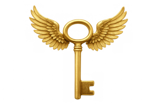 Winged golden key symbolizing freedom, unlocking success and potential, floating against transparent backdrop