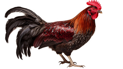 Majestic rooster displays beautiful red and black plumage with a confident stance against a plain background, showcasing its vibrant colors transparent.