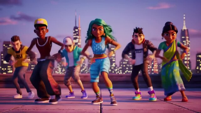 Diverse group of animated characters people dancing energetically on urban rooftop at sunset. concept of multicultural friendship, exciting dance moves, urban adventures Animation - Powered by Adobe