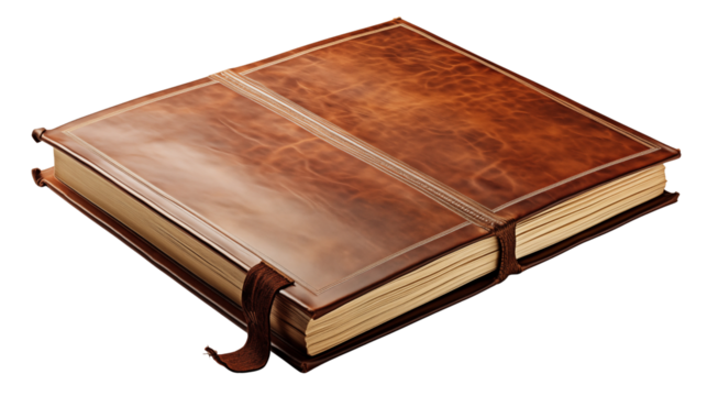 Beautiful brown leather album holds memories within its handmade book, a perfect keepsake transparent.