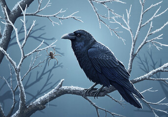 Fototapeta premium Raven perched on frost-covered branch with spider in winter scene 