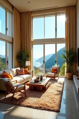 Luxurious Sunlit Living Room with High Ceilings, Plush Furnishings, and Breathtaking Views