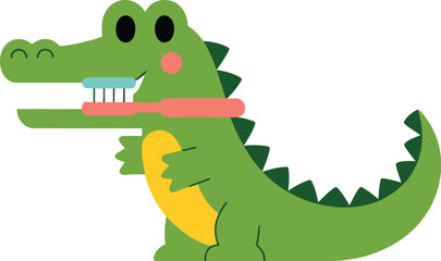 A cartoon green alligator with yellow belly brushing its teeth with a pink toothbrush on white background