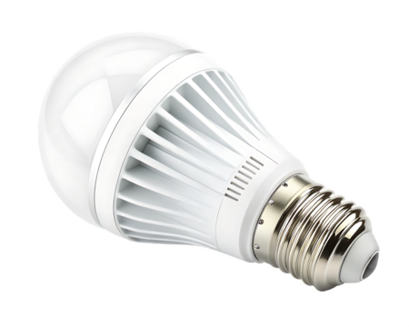 White L E D light bulb with metal screw base and ribbed white plastic housing isolated on a transparent background