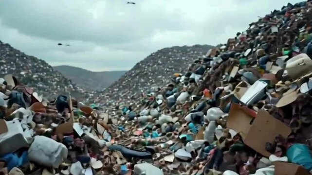 Landfill Mountain: A staggering amount of waste and trash piled high, creating a modern mountain range of refuse under a cloudy sky, raising concerns about pollution and environmental impact.