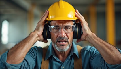 Construction worker in hard hat safety goggles struggles with loud noise at job site. Man wearing hearing protection earmuffs, safety glasses looks frustrated from excessive noise. Noise-canceling