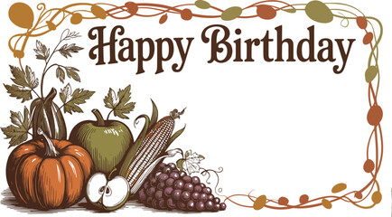 Happy birthday card with autumn harvest theme and blank space for custom message or personalization