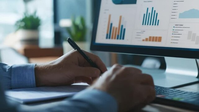 Data analyst reviewing business analytics dashboard on computer screen in office
