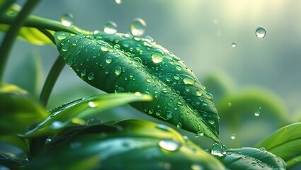 Green Leaves Water Drops
