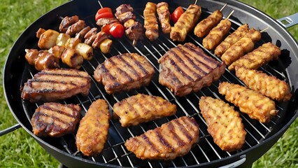 Outdoor grill loaded with assorted meat and vegetables sizzling on flames during backyard barbecue gathering