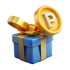 Blue gift box with gold ribbon and points coin isolated on transparent background