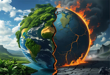 Half-Earth green, half-burning and dry. Conceptual split-planet symbolism