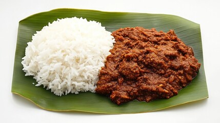 Rice and curry on banana leaf