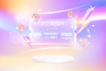 Flash sale with lightning icon in glassmorphism style on pastel gradient background banner template.