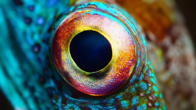 Close-up of a fish eye with vibrant colors and details