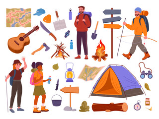 Camping supplies and characters. Outdoor hiking, backpacking people and tourists tools, tent, bonfire and axe flat vector illustration set. Tourist equipment and characters collection