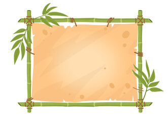 Bamboo frame. Wooden planks exotic sign, jungle border with bamboo sticks, parchment paper and leaves flat vector illustration. Cartoon bamboo sign board on white