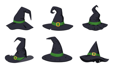 Halloween witch hats. Halloween wizard spooky textile hats, party costume elements flat vector illustrations set. Cartoon witchcraft hats collection